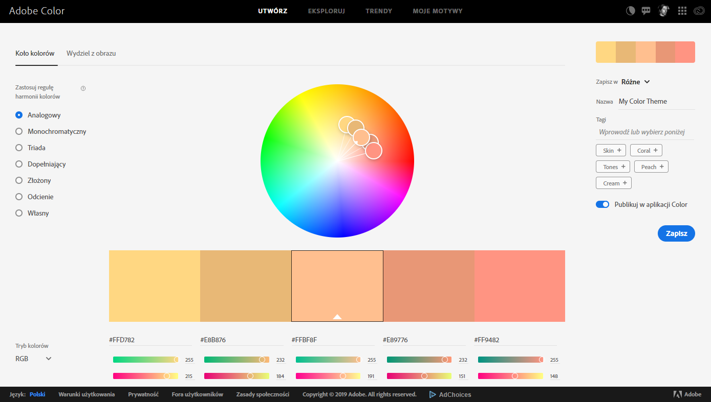 Screenshot strony Adobe Color