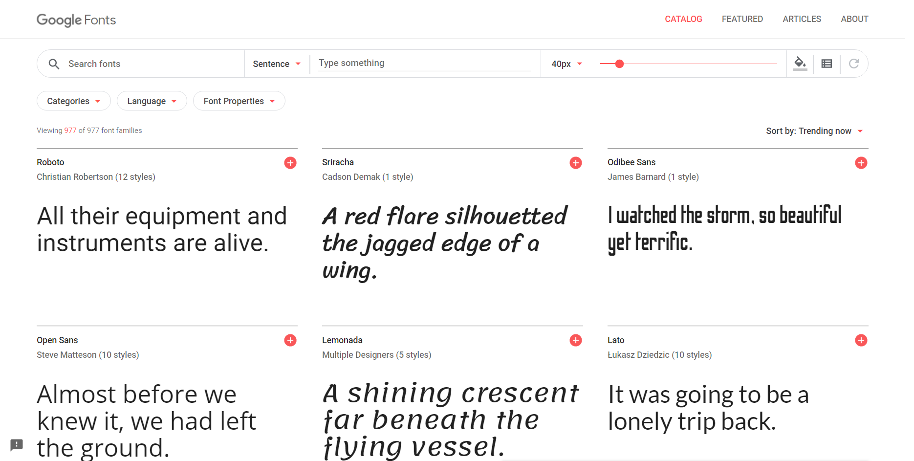 Screenshot strony Google fonts