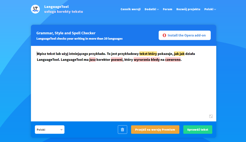 Screenshot strony LanguageTool